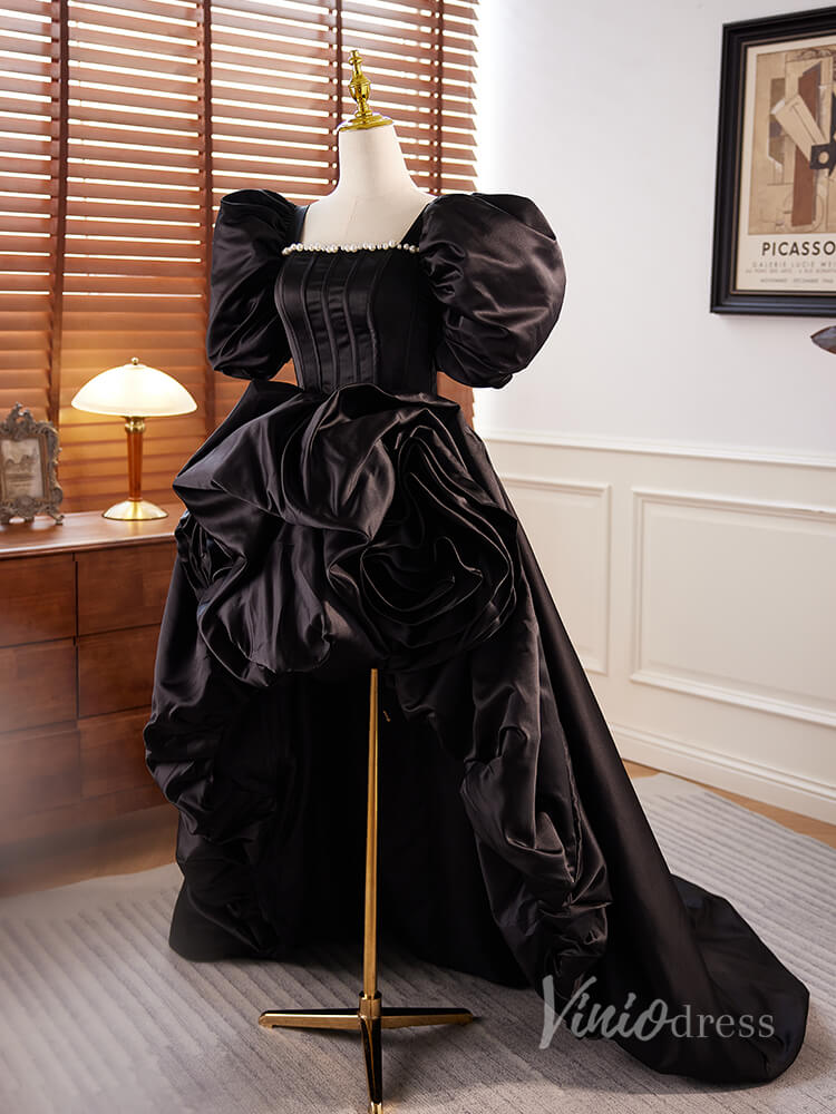 Black High-Low Satin Prom Dresses Puffed Sleeve Boned Boidce Pearl Nec – Viniodress