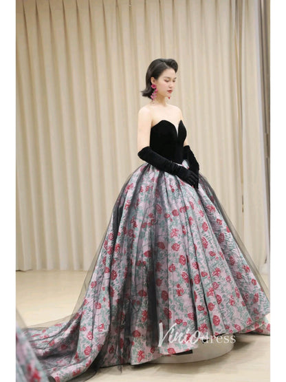 Black Jacquard Lace Prom Dresses Strapless Floral Quinceanera Dress FD3444-prom dresses 2025 -Viniodress-Black-Custom Size-