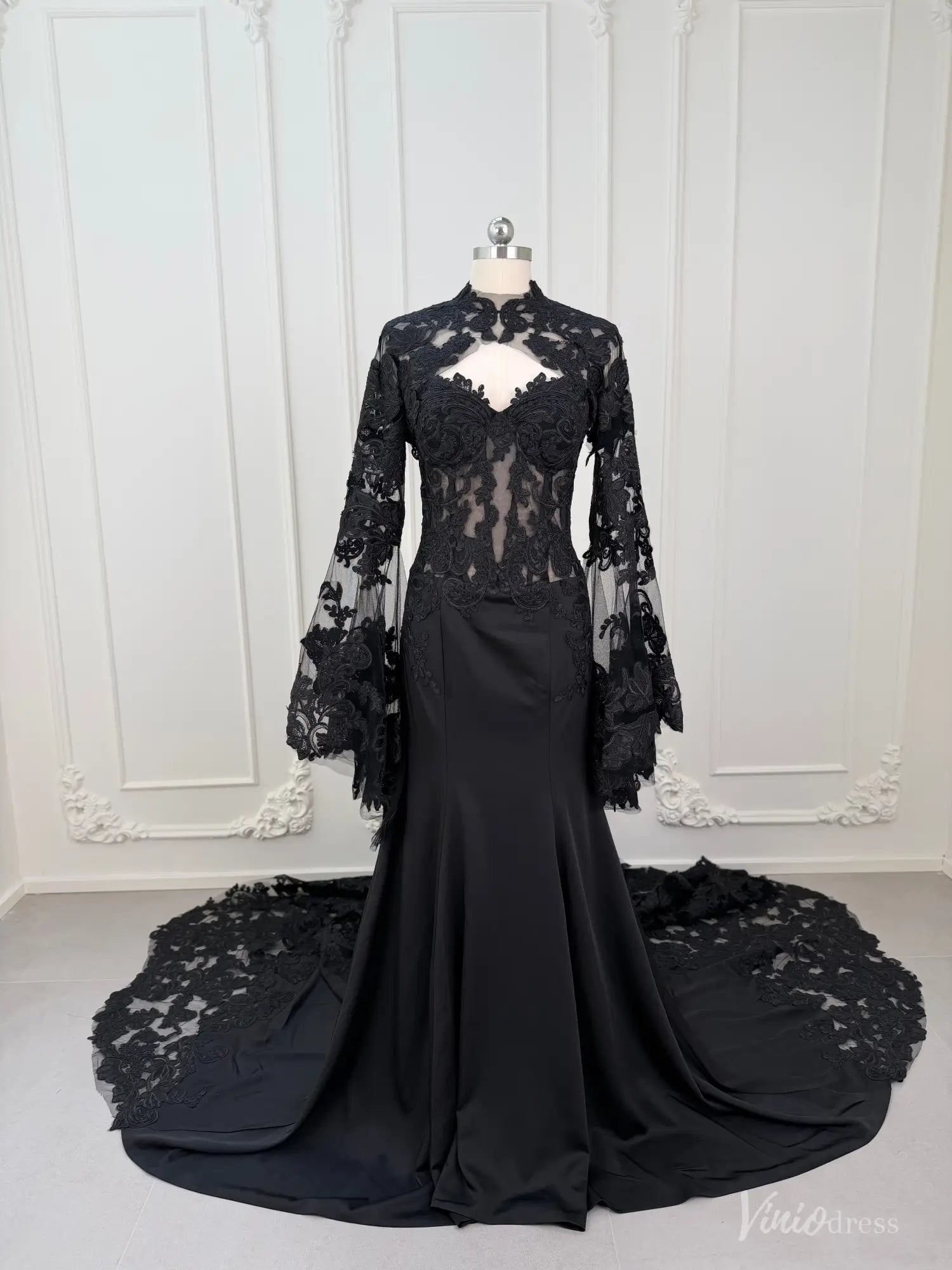 Black Lace 2-in-1 Mermaid Wedding Dress with Detachable Sleeves – BK108 – Viniodress
