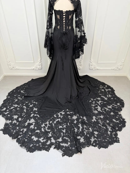 Black mermaid wedding dress with lace-up corset back, sheer lace long sleeves, and an ornate lace-edged sweep train.