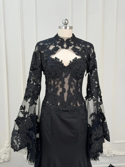 Black mermaid wedding dress with a detachable sheer lace long sleeve overlay and high neckline on a mannequin.