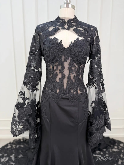 Black mermaid wedding dress with a sweetheart neckline and removable sheer lace long sleeve overlay with high neck.