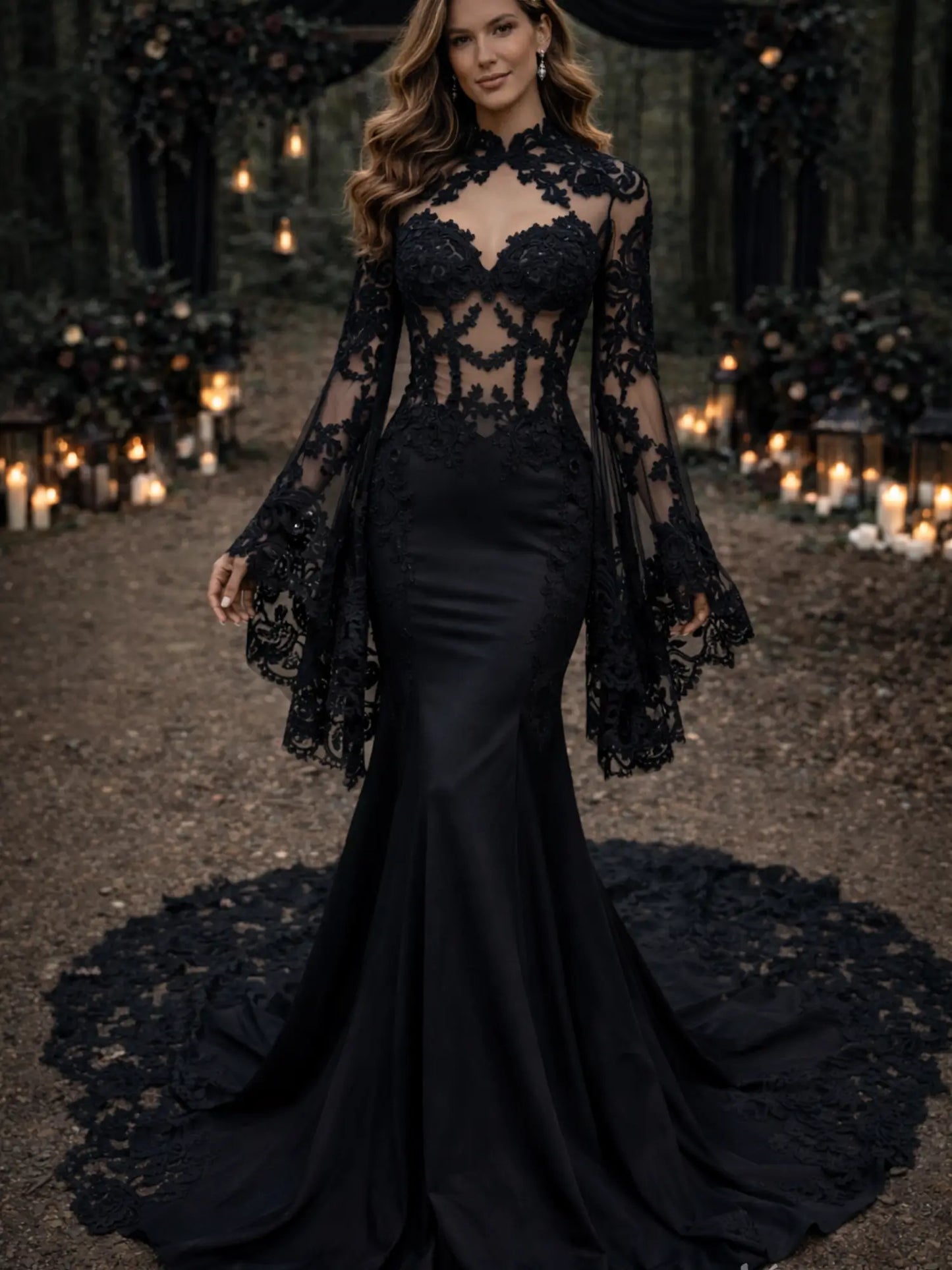 black mermaid wedding dresses Lace 3 in 1 Dress, Cape Veil, Removable Sleeves The elegant sheath silhouette and unique black color make for a stunning statement on your special day Mermaid Black Sheer Lace Wedding