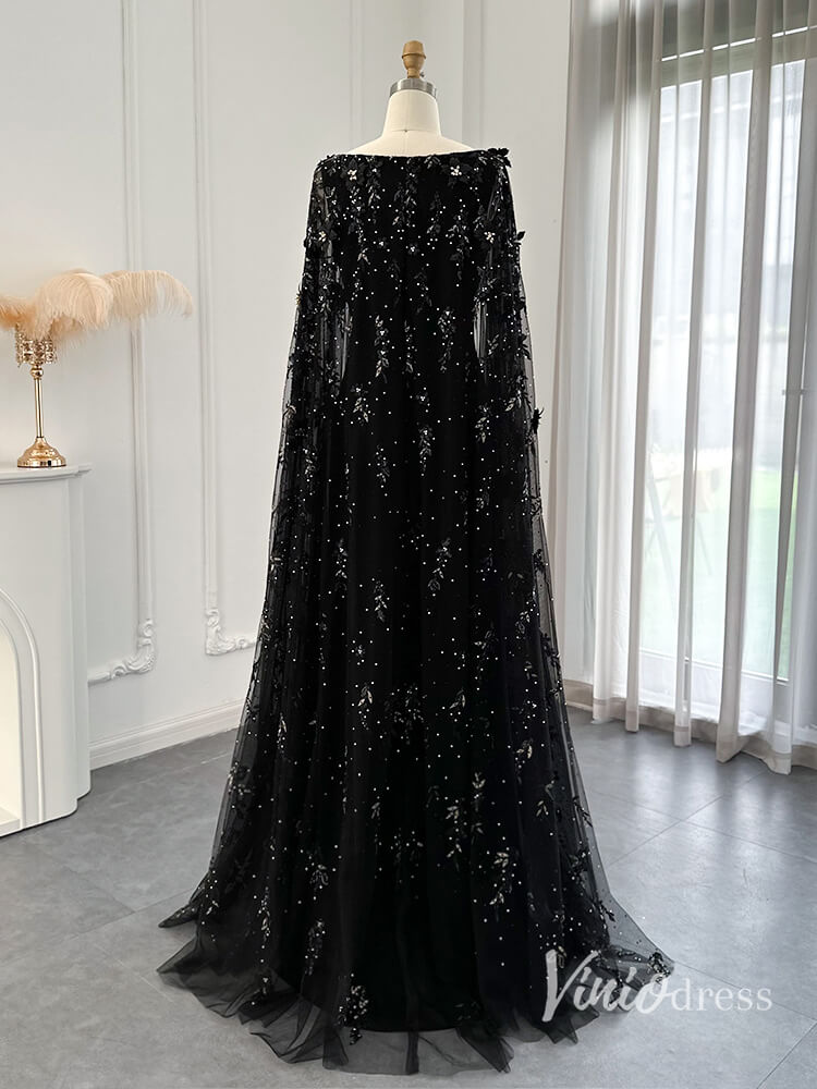 Black Mermaid Evening Dresses Beaded Floral Extra Long Sleeve Pageant Dress AD1161-Evening Dresses 2025 -Viniodress-Black-US 2-