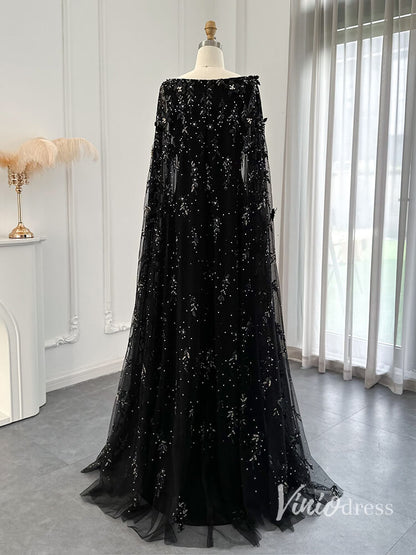 Black Mermaid Evening Dresses Beaded Floral Extra Long Sleeve Pageant Dress AD1161-Evening Dresses 2025 -Viniodress-Black-US 2-