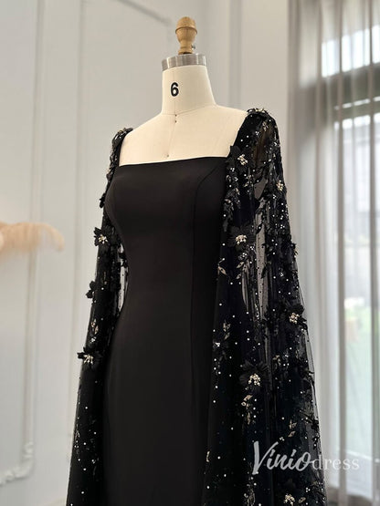 Black Mermaid Evening Dresses Beaded Floral Extra Long Sleeve Pageant Dress AD1161-Evening Dresses 2025 -Viniodress-Black-US 2-