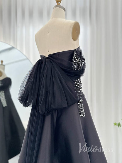 Black Off the Shoulder High Low Prom Dresses Beaded Long Sleeve Formal Dress AD1189-Evening Dresses 2025 -Viniodress-Black-US 2-