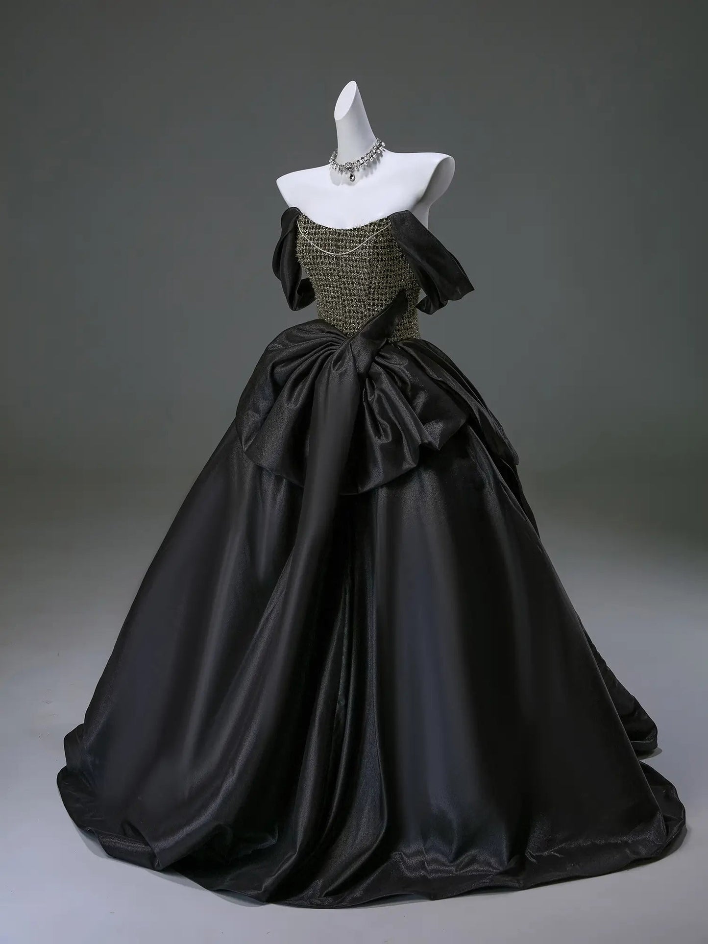 Black Off the Shoulder Satin Formal Gown with Bow-Tie Waist & Sparkly Bodice - CQ0135-Couture Gown 2025 -Viniodress-Black-Custom Size-