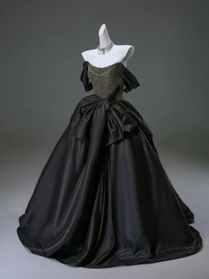 Black Off the Shoulder Satin Formal Gown with Bow-Tie Waist & Sparkly Bodice - CQ0135-Couture Gown 2025 -Viniodress-Black-Custom Size-