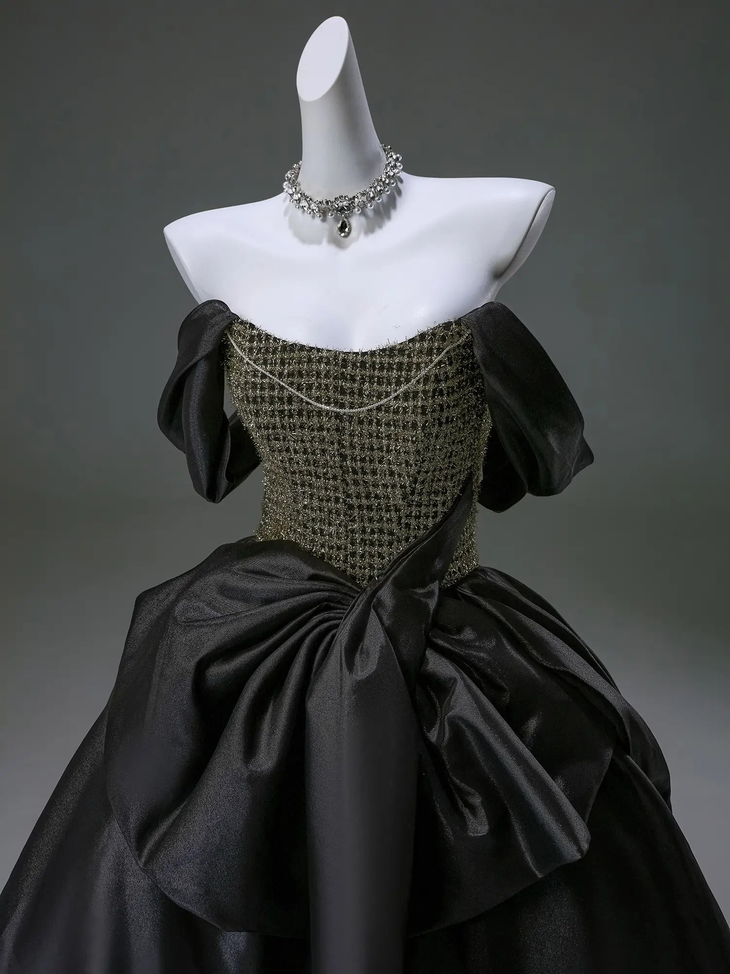 Black Off the Shoulder Satin Formal Gown with Bow-Tie Waist & Sparkly Bodice - CQ0135-Couture Gown 2025 -Viniodress-Black-Custom Size-