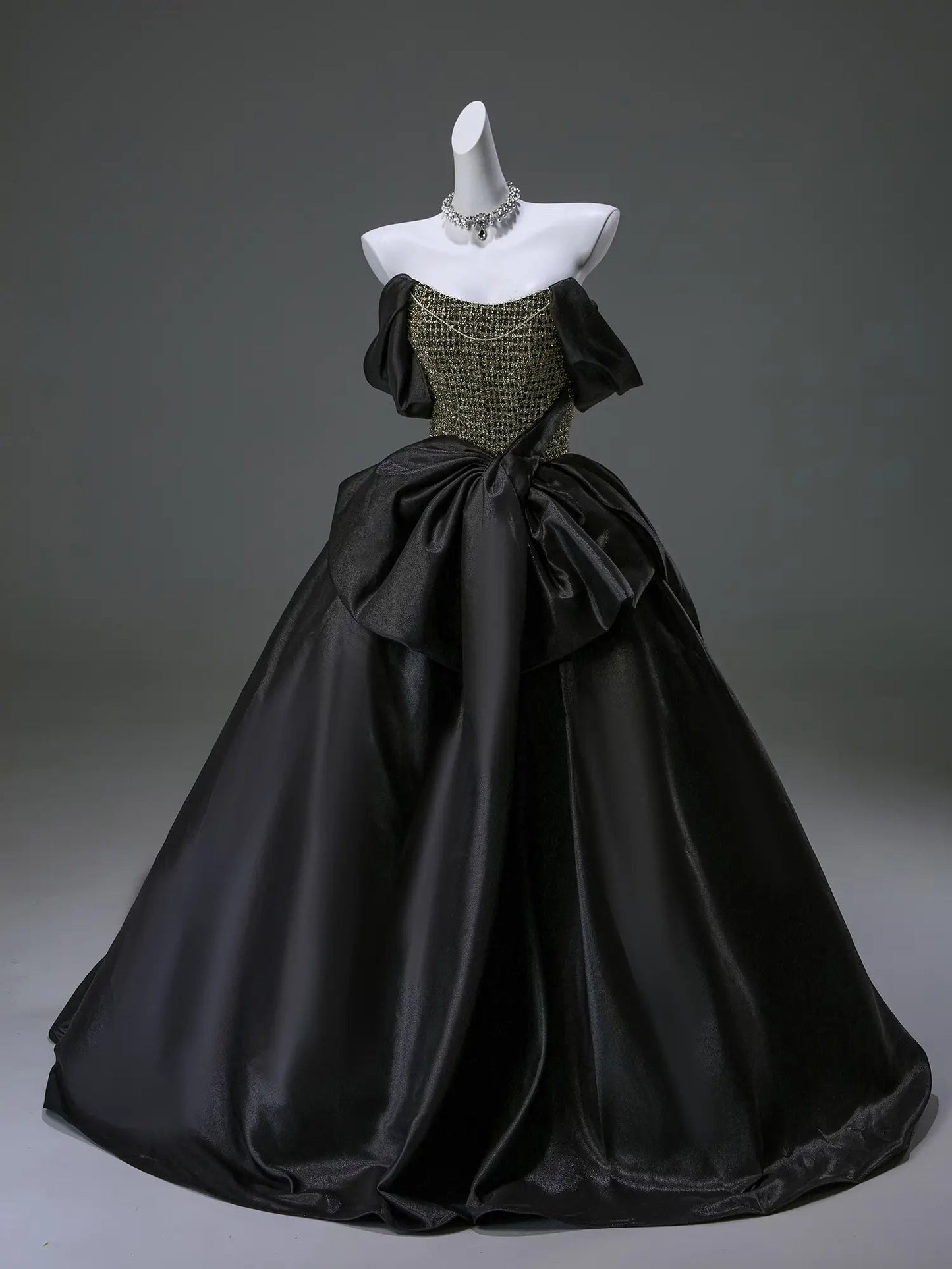 Black Off the Shoulder Satin Formal Gown with Bow-Tie Waist & Sparkly Bodice - CQ0135-Couture Gown 2025 -Viniodress-Black-Custom Size-