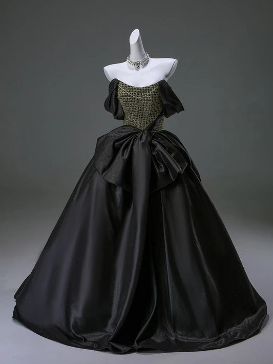 Black Off the Shoulder Satin Formal Gown with Bow-Tie Waist & Sparkly Bodice - CQ0135-Couture Gown 2025 -Viniodress-Black-Custom Size-