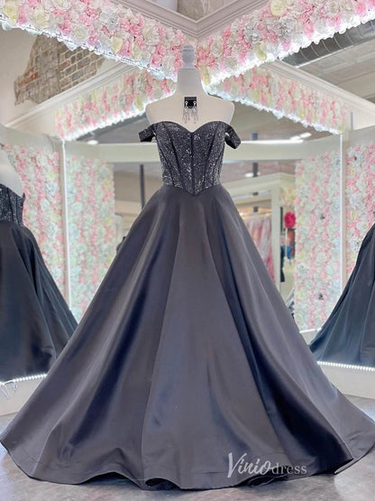 Black Off the Shoulder Satin Prom Dresses Beaded Boned Bodice FD4022-prom dresses 2025 -Viniodress-Black-Custom Size-