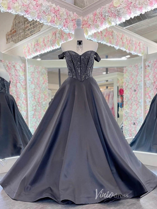 Black Off the Shoulder Satin Prom Dresses Beaded Boned Bodice FD4022-prom dresses 2025 -Viniodress-Black-Custom Size-