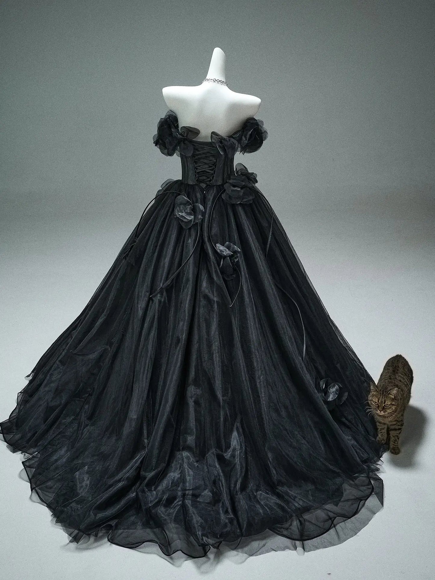 Black Off the Shoulder Tulle Formal Gown with 3D Flowers & Sheer Boned Bodice - CQ0110-Couture Gown 2025 -Viniodress-Black-Custom Size-