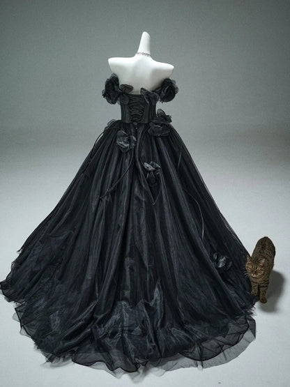 Black Off the Shoulder Tulle Formal Gown with 3D Flowers & Sheer Boned Bodice - CQ0110-Couture Gown 2025 -Viniodress-Black-Custom Size-
