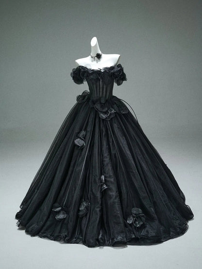 Black Off the Shoulder Tulle Formal Gown with 3D Flowers & Sheer Boned Bodice - CQ0110-Couture Gown 2025 -Viniodress-Black-Custom Size-