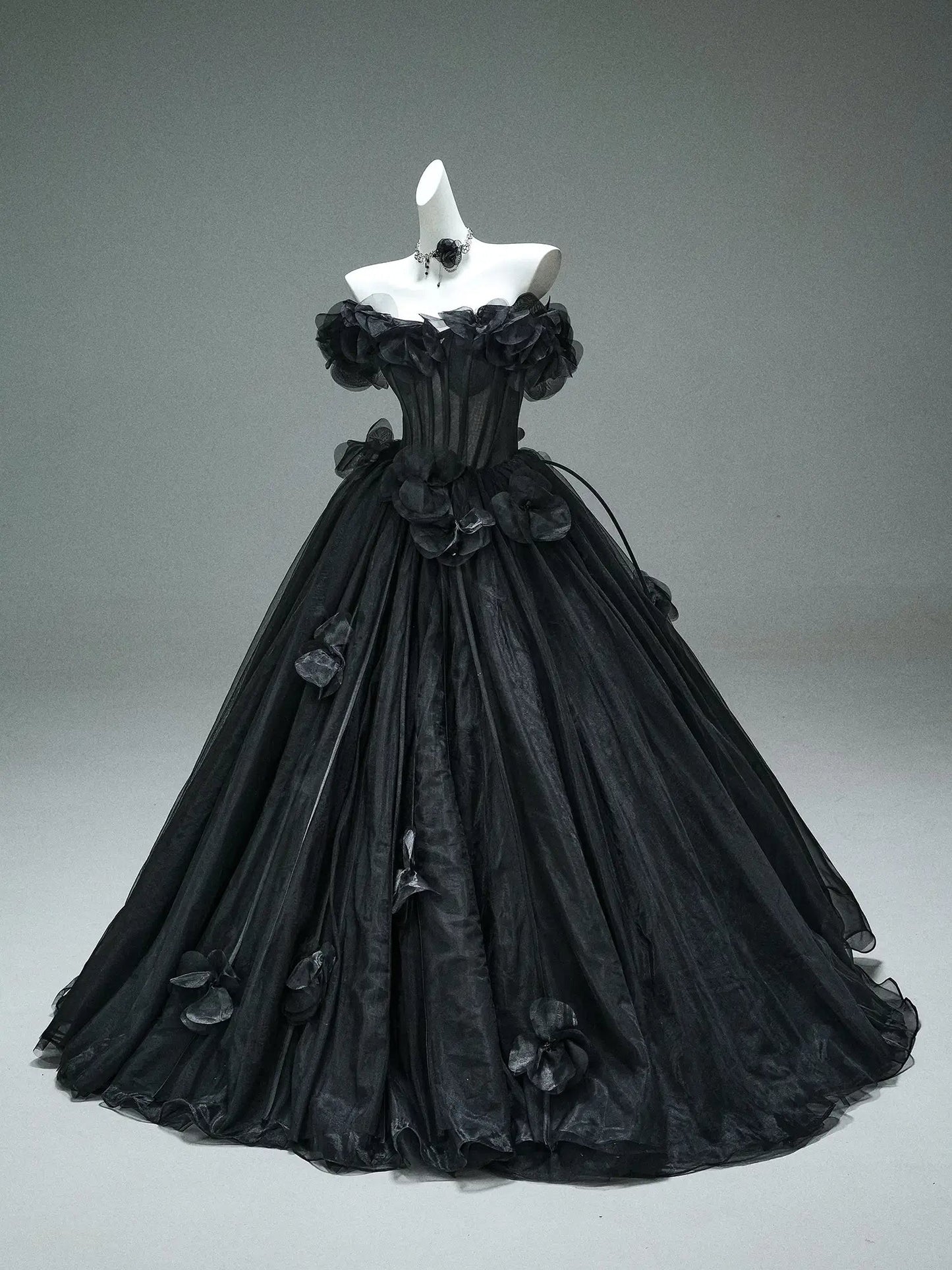 Black Off the Shoulder Tulle Formal Gown with 3D Flowers & Sheer Boned Bodice - CQ0110-Couture Gown 2025 -Viniodress-Black-Custom Size-