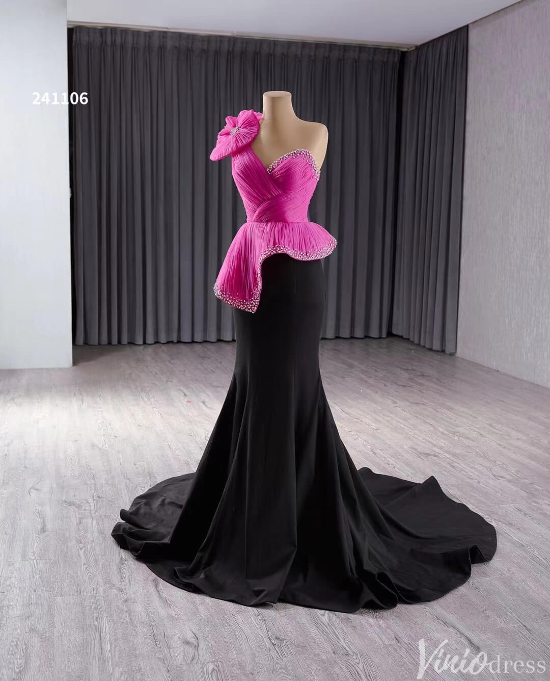 Black Pink Mermaid Prom Dresses One Shoulder Pageant Gown 241106-Prom Dresses 2025 -Viniodress-Black-Custom Size-