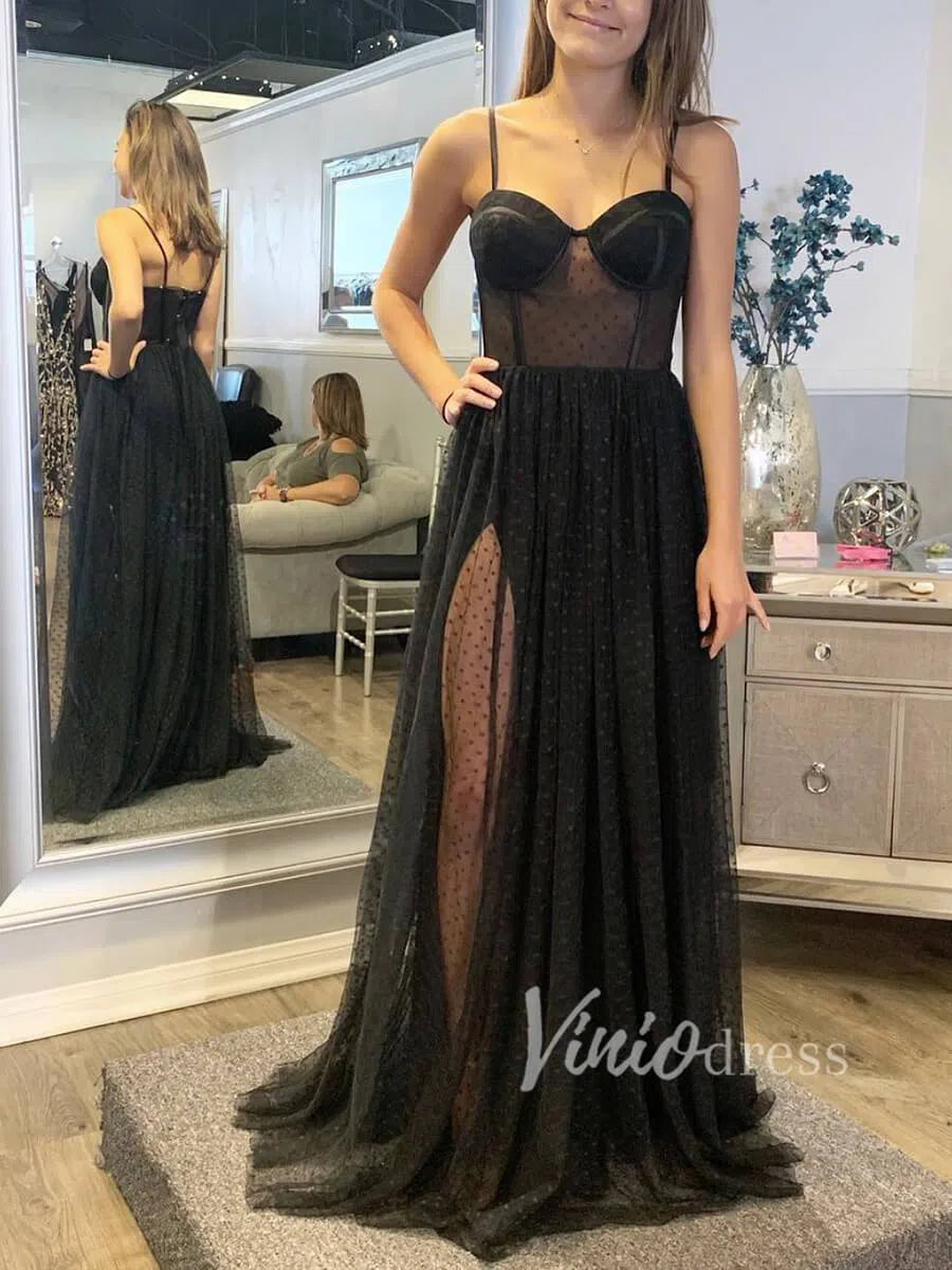 Black Polka Dot Lace Long Prom Dresses with Straps FD1480-prom dresses-Viniodress-Black-US 2-Viniodress