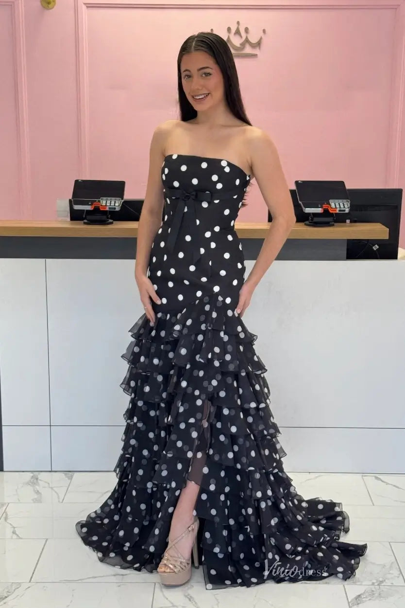 Black Polka Dot Strapless Prom Dress with Tiered Ruffle Hem – RF051 – Viniodress