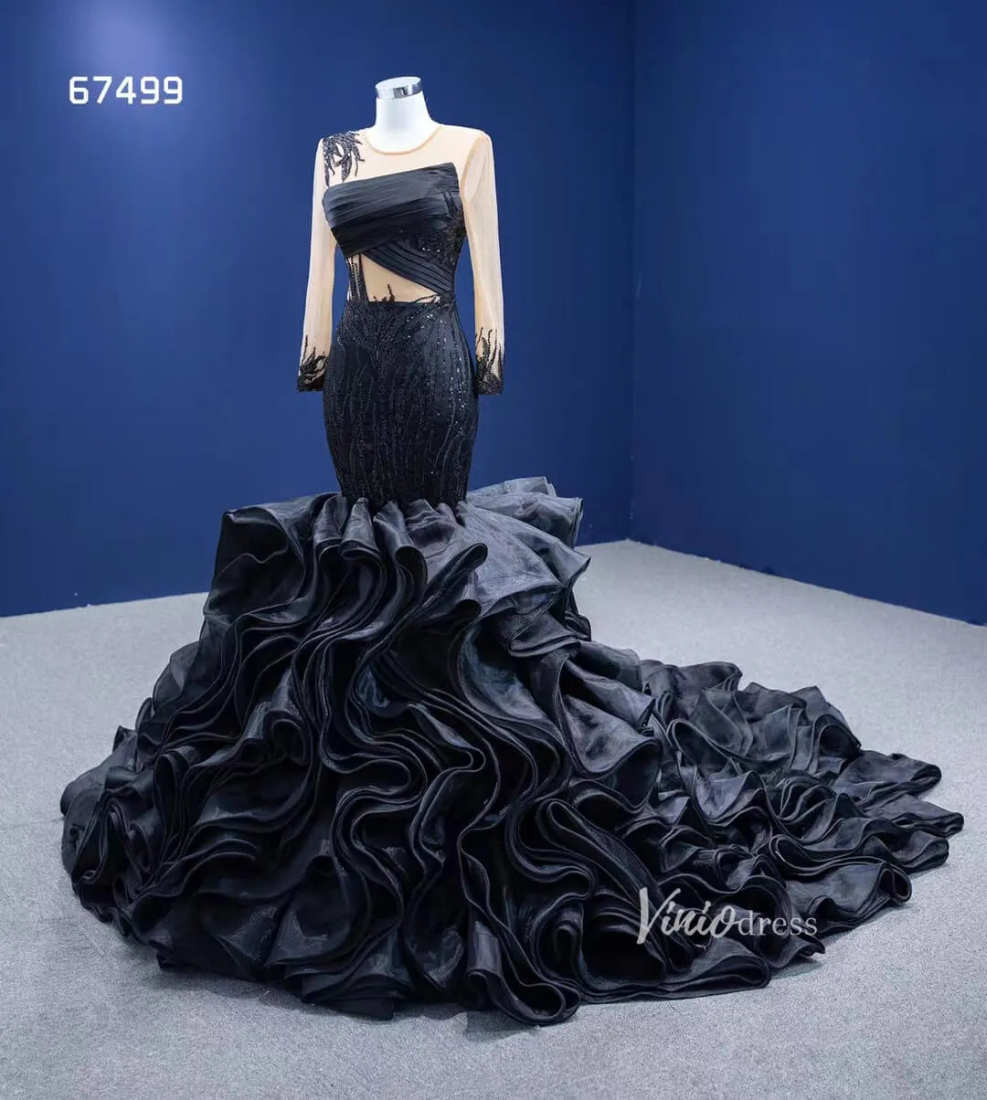Black Ruffle Mermaid Wedding Dress Trumpet Pageant Dress 67499-prom dresses 2025 -Viniodress-Black-Custom Size-