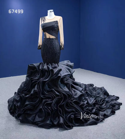 Black Ruffle Mermaid Wedding Dress Trumpet Pageant Dress 67499-prom dresses 2025 -Viniodress-Black-Custom Size-