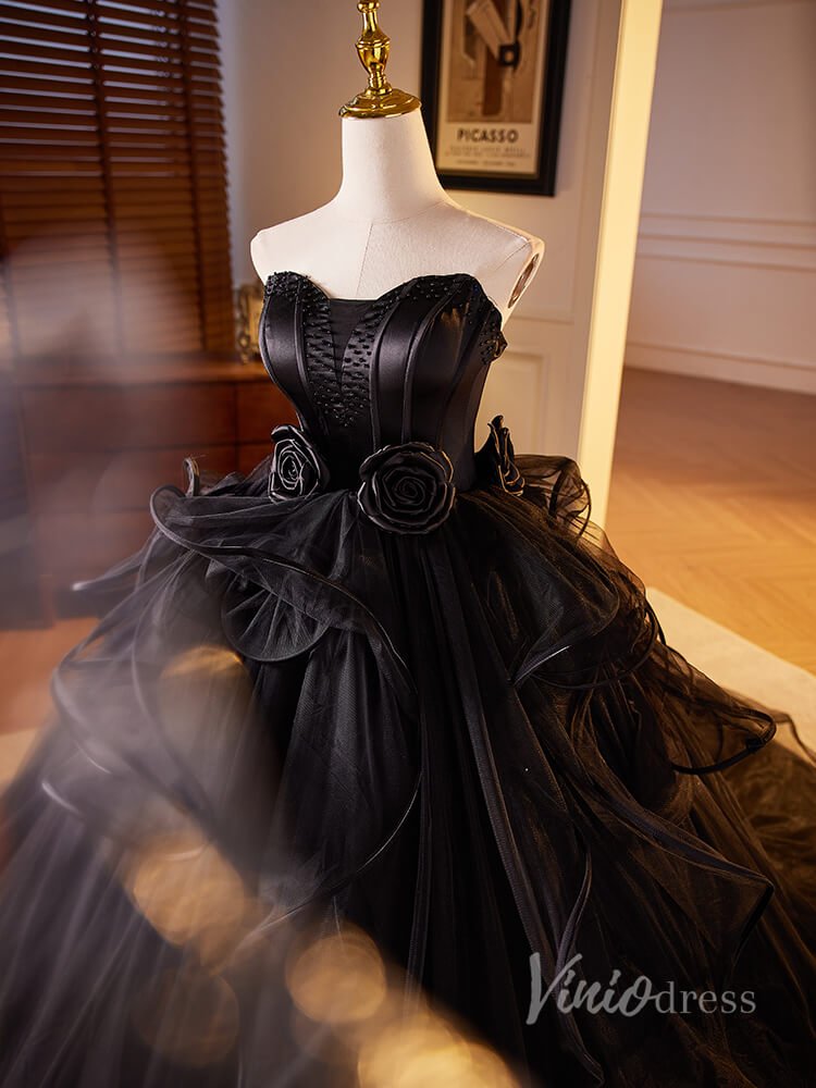 Black Ruffled 3D Flower Rosette Prom Dresses Strapless Tulle Quinceanera Dress 90028-prom dresses 2025 -Viniodress-Black-Custom Size-