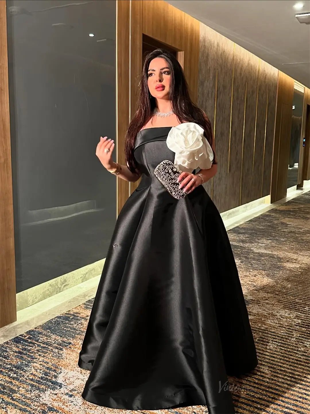 Black Satin A-Line Prom Dresses 2025 with 3D Flower – FD5207-prom dresses 2025 -Viniodress-Black-Custom Size-