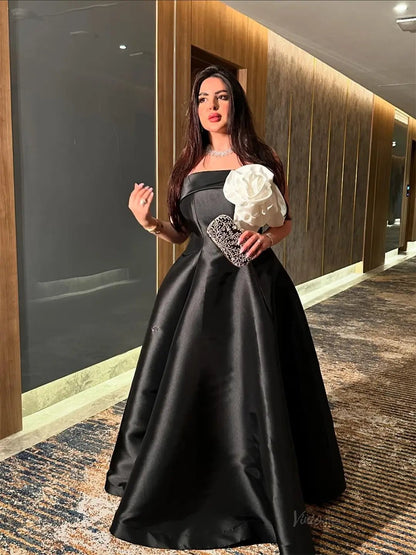Black Satin A-Line Prom Dresses 2025 with 3D Flower – FD5207-prom dresses 2025 -Viniodress-Black-Custom Size-