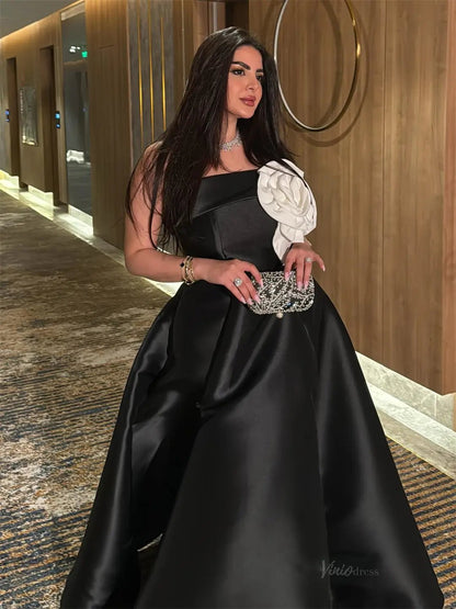 Black Satin A-Line Prom Dresses 2025 with 3D Flower – FD5207-prom dresses 2025 -Viniodress-Black-Custom Size-