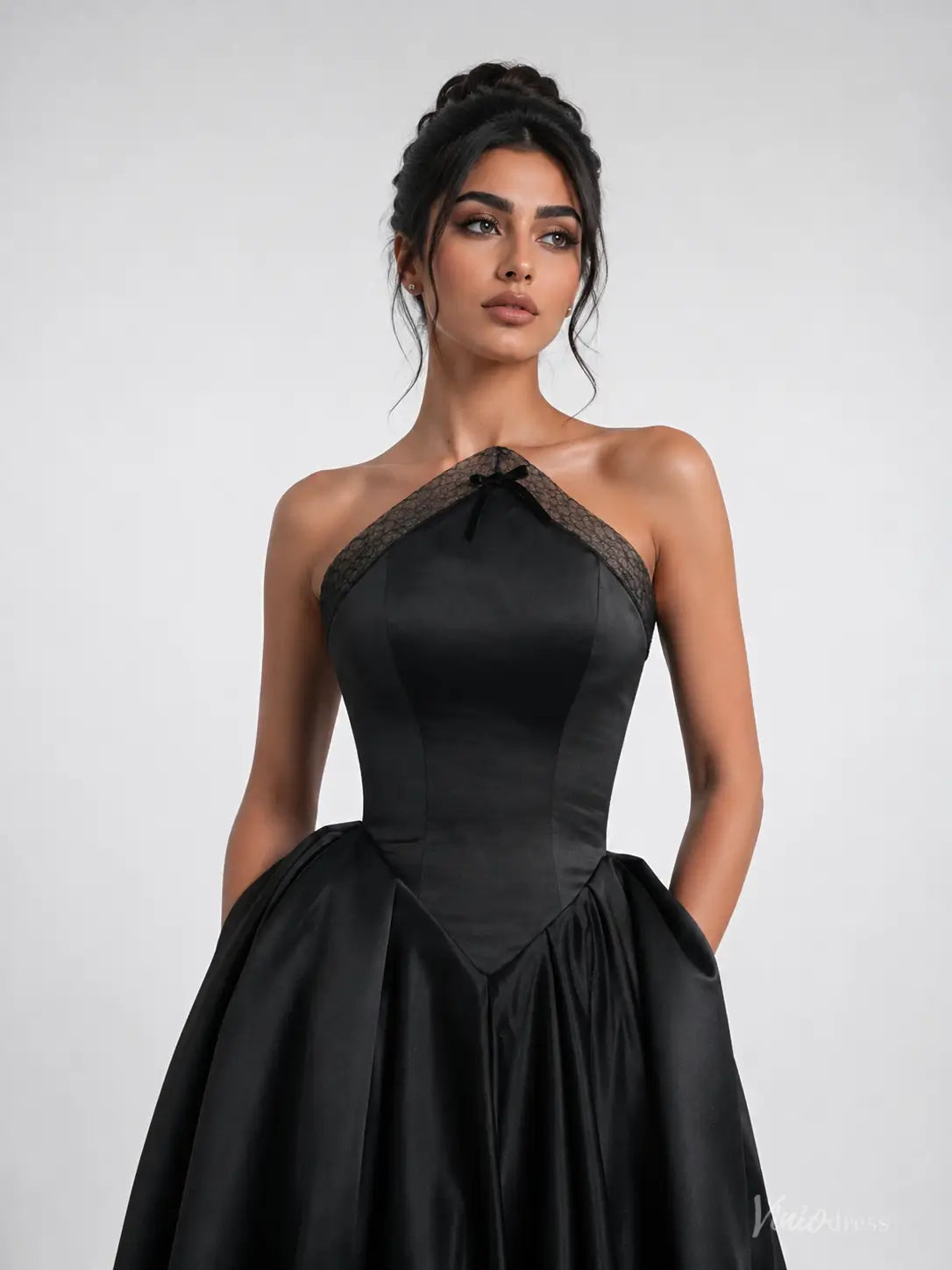 Black Satin Prom Dress with Lace Halter, Slit & Pockets