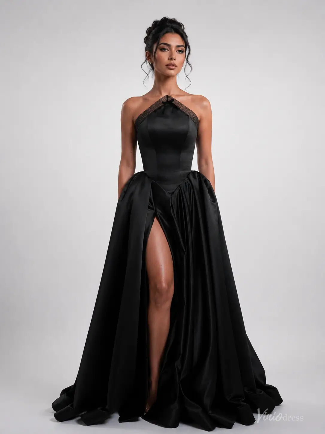 Black Satin Prom Dress with Lace Halter, Slit & Pockets