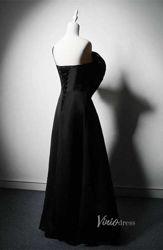 Black Satin Bow Tie Prom Dresses Strapless Formal Dress AD1218-prom dresses 2025 -Viniodress-Black-Custom Size-