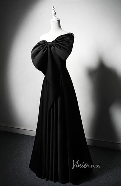 Black Satin Bow Tie Prom Dresses Strapless Formal Dress AD1218-prom dresses 2025 -Viniodress-Black-Custom Size-