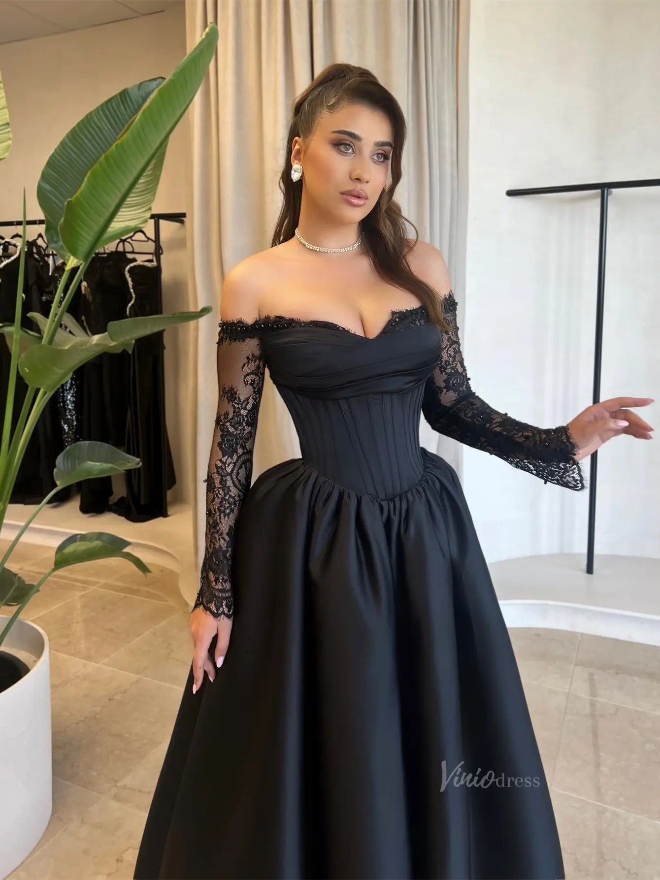 Black Satin Prom Dresses Off the Shoulder Lace Long Sleeve Maxi Dress – Viniodress
