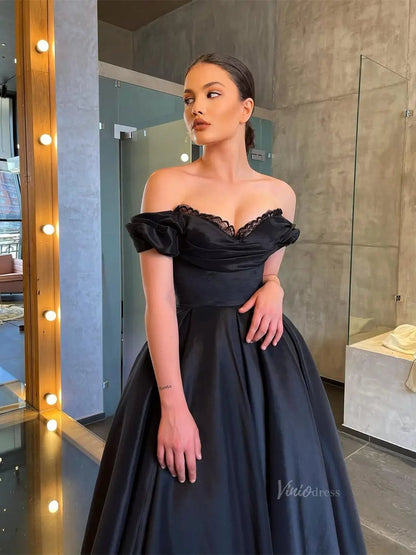 Black Satin Prom Dresses Off the Shoulder Sweetheart Neckline Maxi Dress - FD5274-prom dresses 2025 -Viniodress-Black-Custom Size-