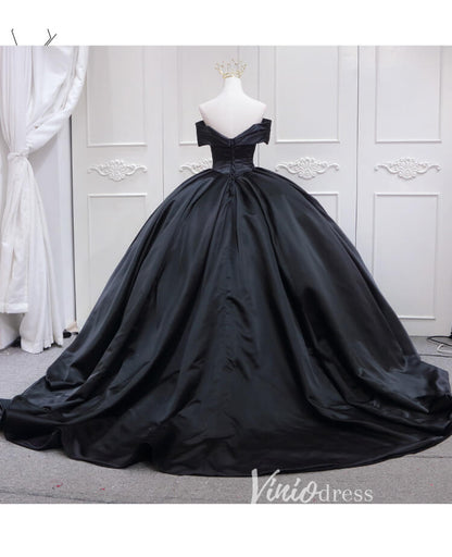 Black Satin Quinceanera Dresses Off the Shoulder Prom Ball Gown FD3457-prom dresses 2025 -Viniodress-Black-Custom Size-