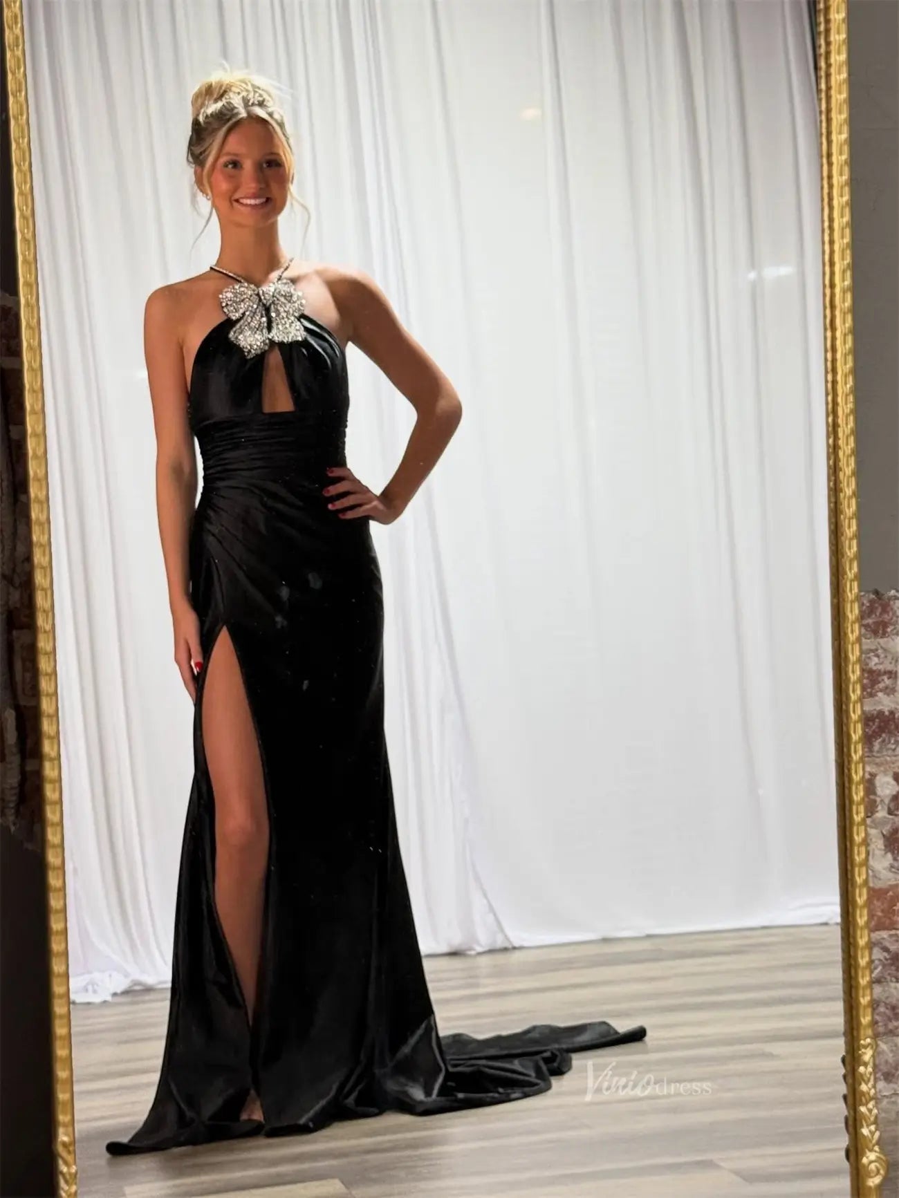 Black Satin Sheath Prom Dresses with Slit, Bow-Tie & Beaded Halter Nec – Viniodress