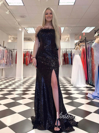 Black Sequin Prom Dresses with Slit Feather Evening Gown FD2741-prom dresses 2025 -Viniodress-Black-Custom Size-