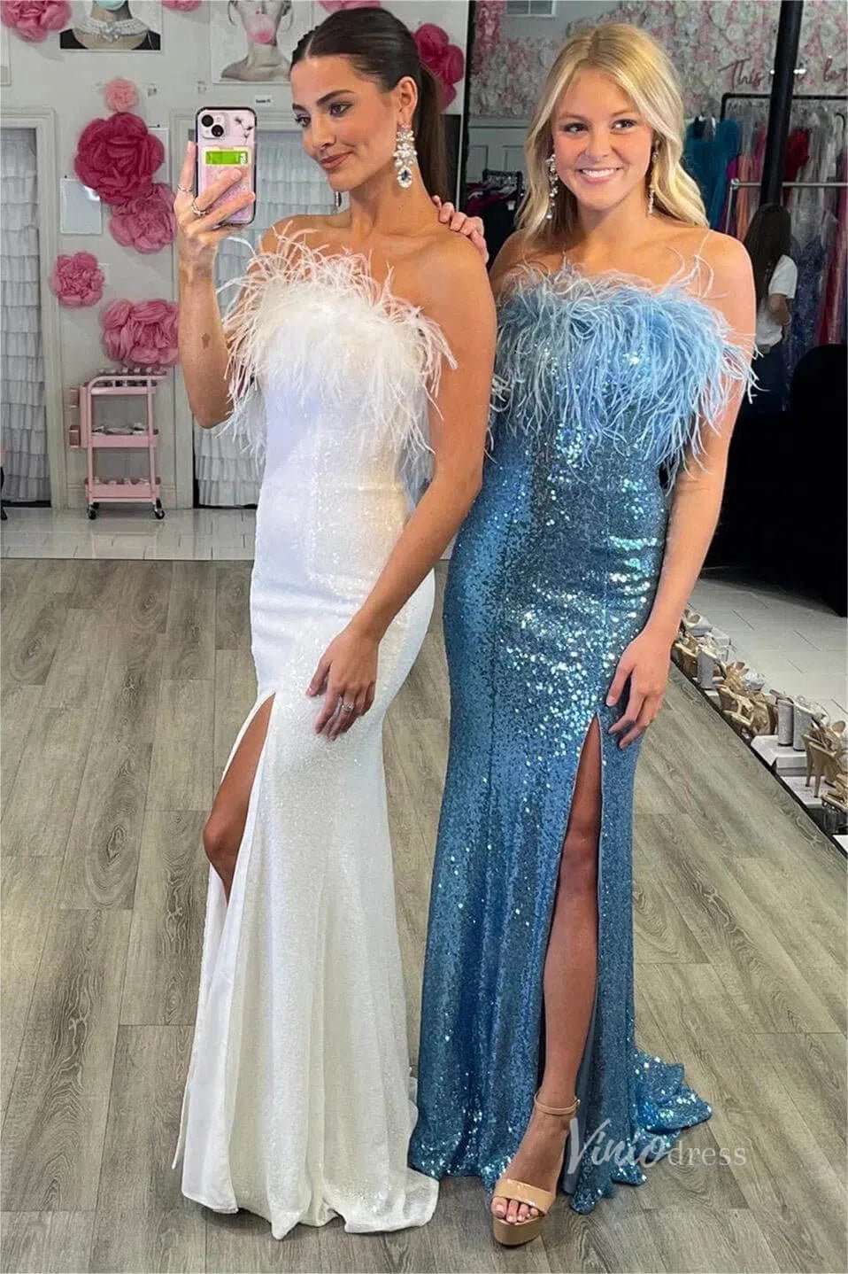 Black Sequin Prom Dresses with Slit Feather Evening Gown FD2741-prom dresses 2025 -Viniodress-Black-Custom Size-
