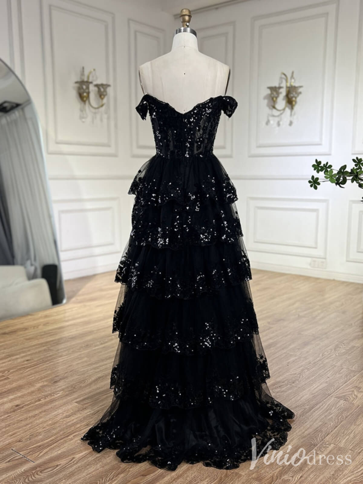 Black Sparkly Ruffled Prom Dresses with Slit Off the Shoulder Evening – Viniodress