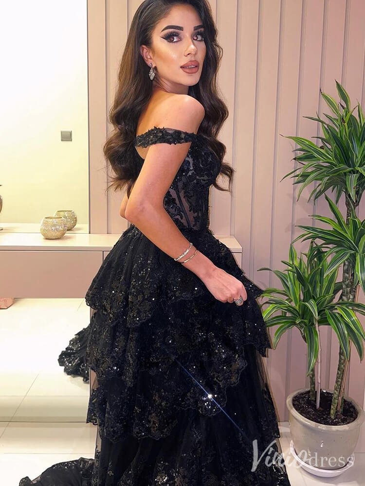 Black Sparkly Ruffled Prom Dresses with Slit Off the Shoulder Evening – Viniodress