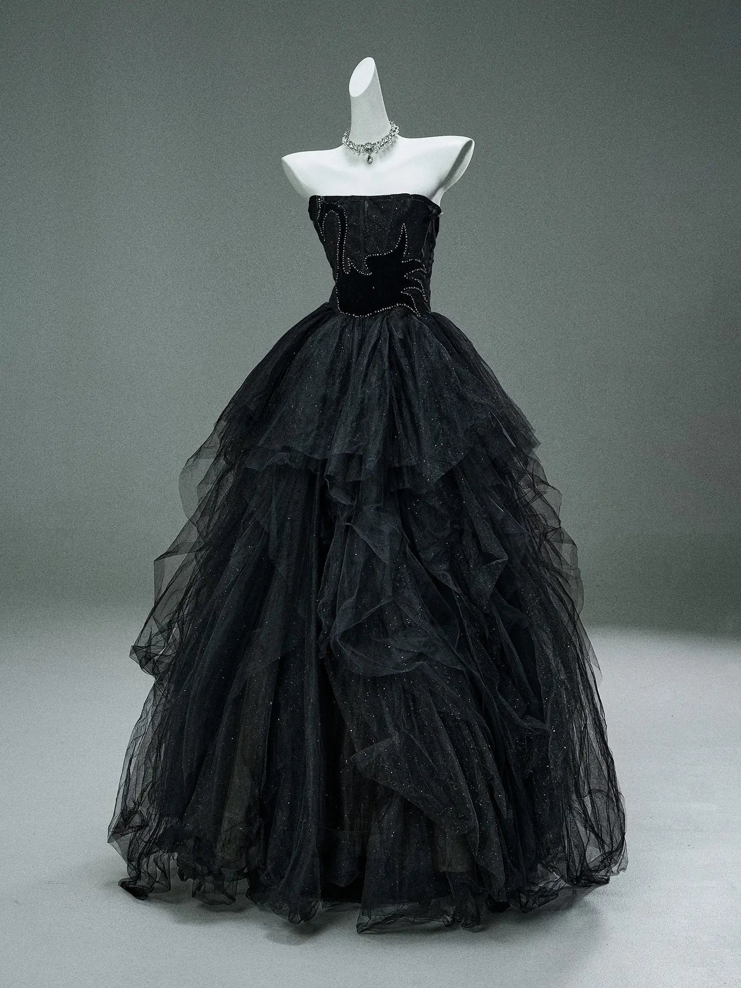 Black Sparkly Tulle Formal Dresses with Crystal Bodice & Tiered Bottom - CQ0150-Couture Gown 2025 -Viniodress-Black-Custom Size-