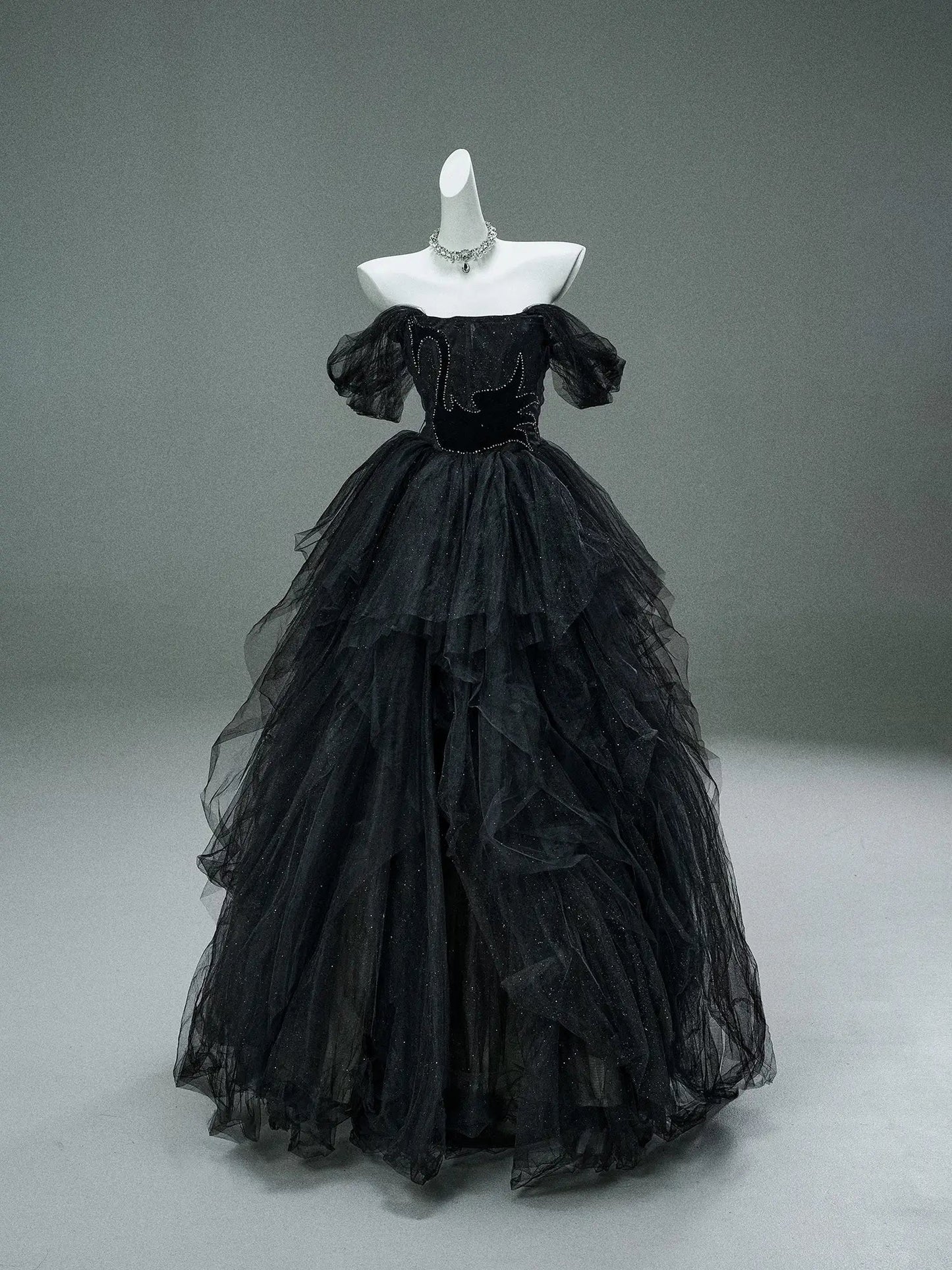 Black Sparkly Tulle Formal Dresses with Crystal Bodice & Tiered Bottom - CQ0150-Couture Gown 2025 -Viniodress-Black-Custom Size-