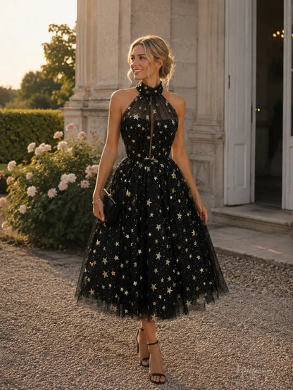Black tea-length prom dress in tulle with gold star embellishments, halter neckline, and a sheer illusion bodice.