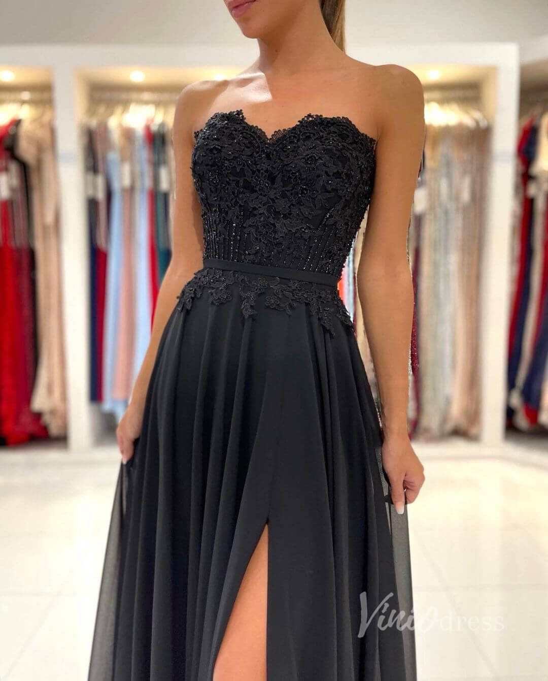 Black Strapless Prom Dress High Slit Chiffon Evening Dress FD2844 – Viniodress