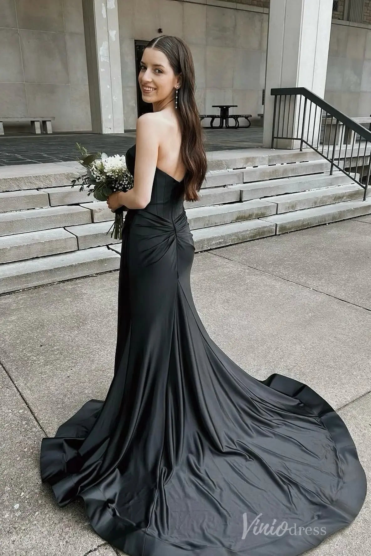 Black Strapless Satin Mermaid Dress with Corset Bodice, Ruched Hip, and Sweep Train – SS055