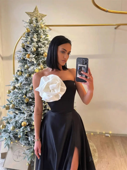 Black Strapless Satin Prom Dresses 2025 with Slit & 3D Flower – FD5217-prom dresses 2025 -Viniodress-Black-Custom Size-