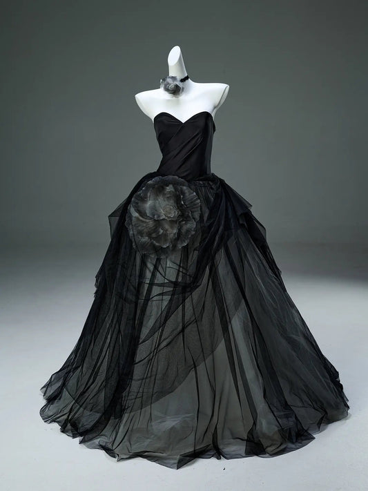 Black Strapless Tulle Formal Gown with 3D Flower & Sweetheart Neckline - CQ0112-Couture Gown 2025 -Viniodress-Black-Custom Size-